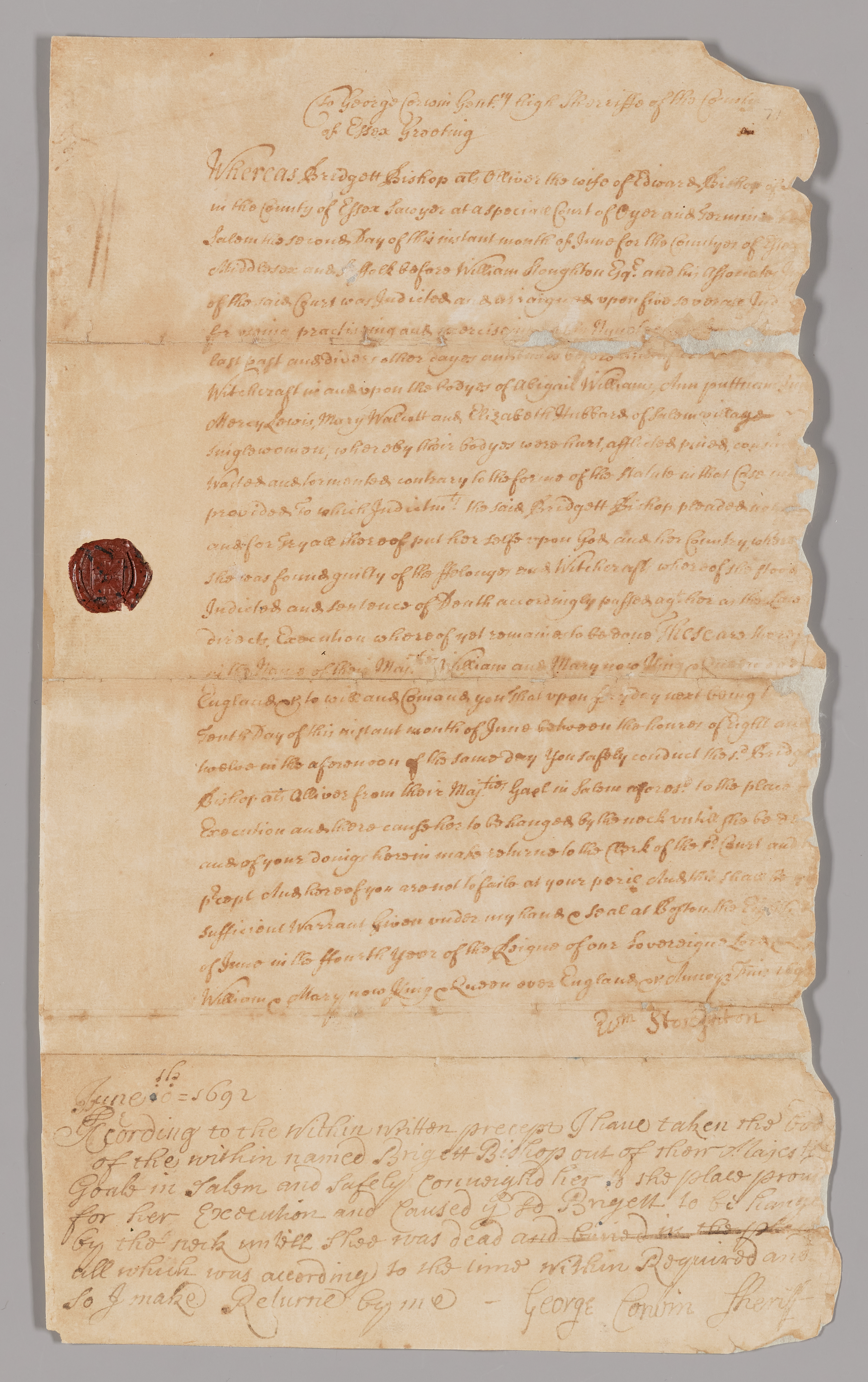 Warrant for the execution of Bridget Bishop